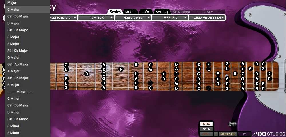 Guitarocracy fretboard showing real-time MIDI notes in C Major scale for music theory learning