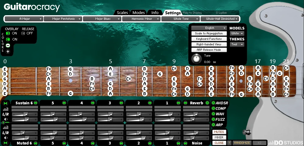G Lydian Scale Visualization on Guitarocracy Virtual Fretboard - Adaptive MIDI Display for Kontakt Guitar VST Plugin