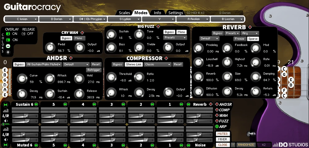 Professional-grade effects in Guitarocracy virtual guitar instrument, including reverb, fuzz, and compressor for electric tones