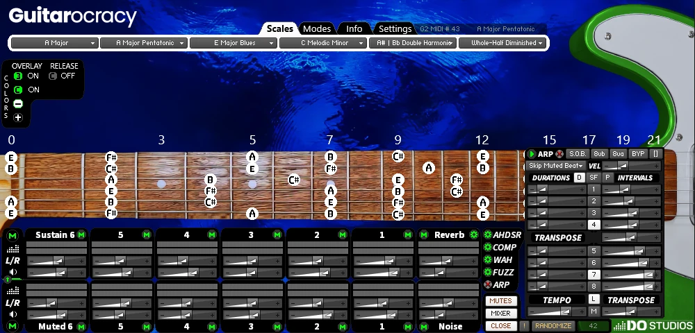 Guitarocracy dynamic arpeggiator tool for Kontakt. Custom rhythm, scale, mode and user crafted