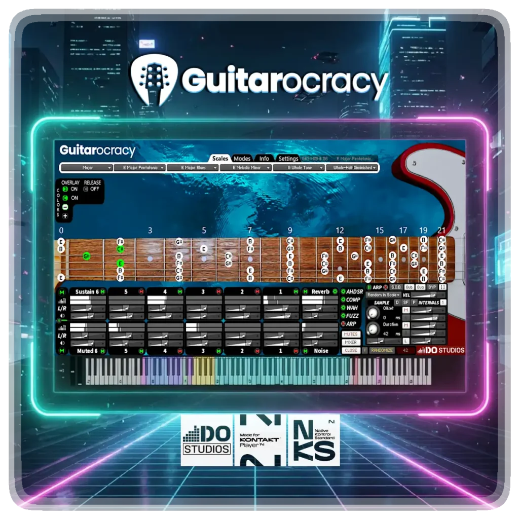 Guitarocracy's  GUI, displaying real-time notes on a virtual guitar. Real guitar string recording with built-in generative, theoretical and musical tools for music composition.
