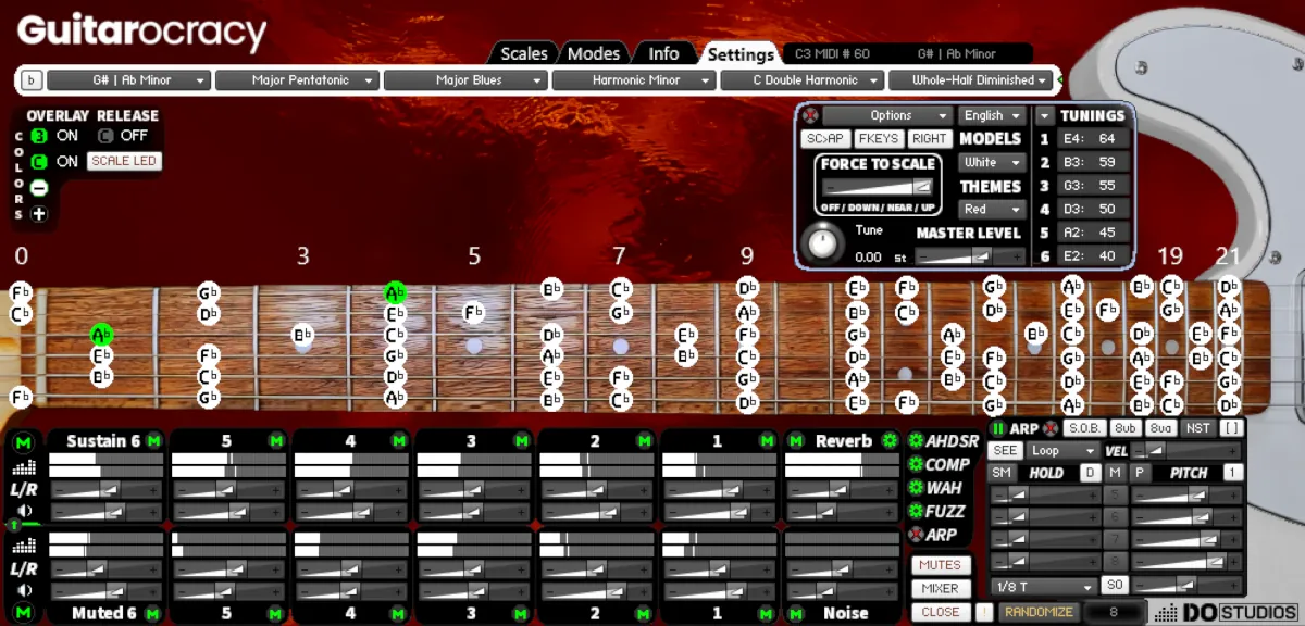 Ab Minor Scale Visualization on Guitarocracy Virtual Fretboard - More than a Guitar VST Plugin for Kontakt 8 Player.