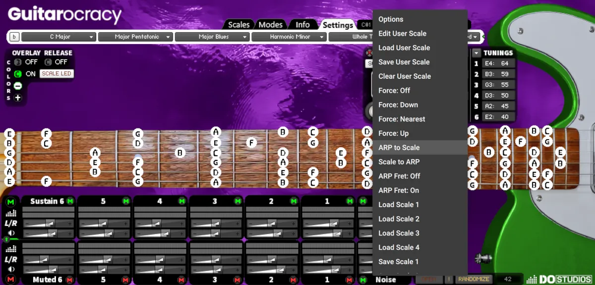 User Menu controls in Guitarocracy a virtual guitar instrument for Kontakt 8 Player.