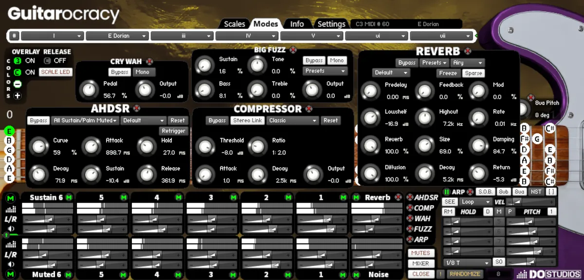 Professional-grade effects in Guitarocracy virtual guitar instrument, including reverb, fuzz, and compressor for electric tones