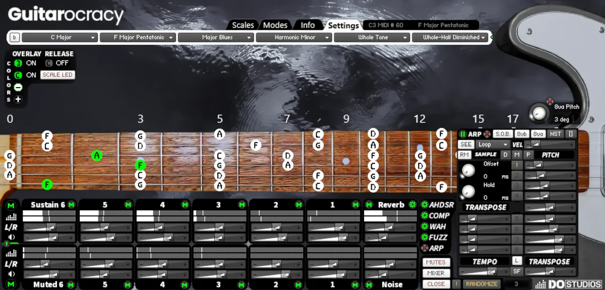 Guitarocracy fretboard showing real-time MIDI notes in F major pentatonic scale for music theory learning on guitar.